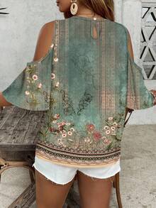 EMERY ROSE 返校季教师节假期风格休闲百搭大码露肩假日风格复古欧式优雅花卉图案锁眼领衬衫，暑假 - 彩色 - 查看 4