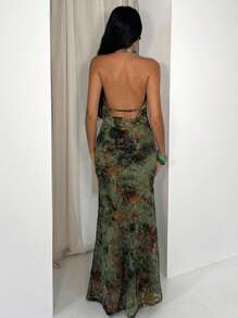 Glamine Robe longue élégante dos nu à col en V profond, style rétro en velours tie-dye pour femmes - Multicolore - Voir 7