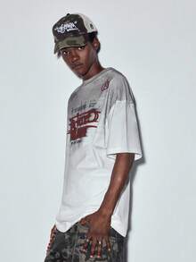 MODCRASH Men's Summer Handmade Spray Painted Slogan Print Round Neck Loose Casual T-Shirt, Streetwear, Graphic Tee Spring To Summer - White - View 7