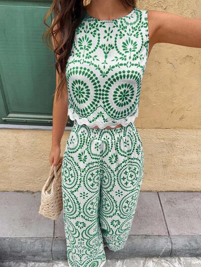 Serisse Women's Vacation Plant Pattern Round Neck Sleeveless Shirt And Wide Leg Pants Casual 2 Pieces Set Summer Green Christmas Holiday Resort