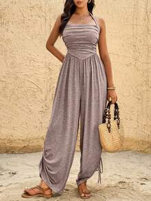 EMERY ROSE Women's Solid Color Pleated Casual Halter Backless Jumpsuit