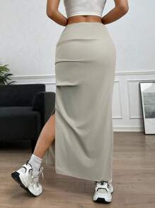 SHEIN EZwear 女款純色百褶開叉下擺半身裙 - 卡其色 - 查看 2