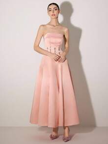 Poshira Rhinestone Decor Strapless Glamorous Ball Gown Dress (Heavily Embellished) - Pink - View 2