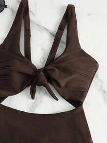 SHEIN Swim Áo tắm liền thân không tay màu nâu sô cô la thanh lịch, cạp cao, dây đeo có thể điều chỉnh, màu trơn, năm 2026, thích hợp cho mùa xuân/hè. - Màu nâu Sô-cô-la - Xem 6