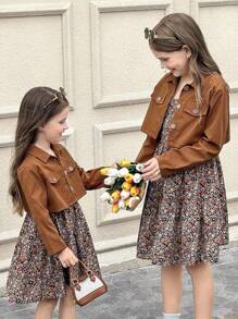 SHEIN Serisse Kids 2pcs Tween Girls' Casual Solid Color Long Sleeve Short Shirt Button Jacket And Floral Allover Print Dress Set, Suitable For Spring/Summer Outdoor Activities, Travel, Daily Wear, Leisure, Vacation And Parties