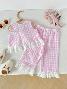 Cozy Pixies 2pcs Baby Girl Colorblock Floral Trim Crew Neck Sleeveless Cardigan Top And Elastic Waist Pants Set Fall - Pink - View 2