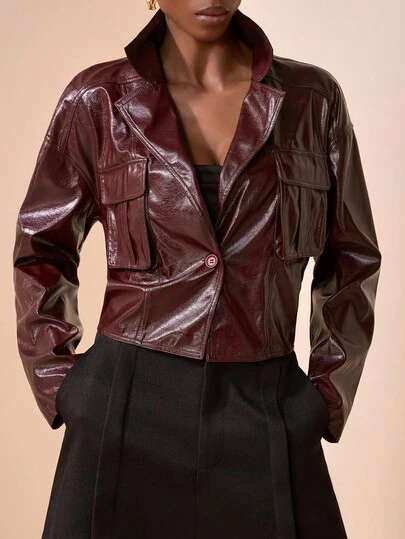 Zivah 20  Autumn/Winter New Arrival, Music Festival, Graduation Season, College Style, Student Wear, Daily Casual, Vacation, Beach, Sunbathing, Streetwear, Commute Elegance, Vintage Countryside, Lapel Short PU Glossy Long Sleeve Jacket With Pockets, Wine Red