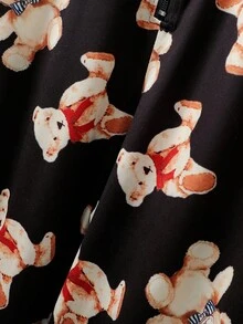 Men's Black Minimalist Cute Bear Pattern Long Sleeve Jumpsuit Loungewear Family Pajama Sets, Fall