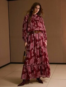 PREMIUM ALLOVER PRINT ELASTIC WAIST FRILL TRIM RUFFLE HEM SKIRT WITHOUT BELT - Red - View 7