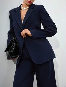 EURMUSE Conjunto de terno elegante feminino azul marinho com botões frontais e detalhes de pernas largas - Azul marinho - Ver 6