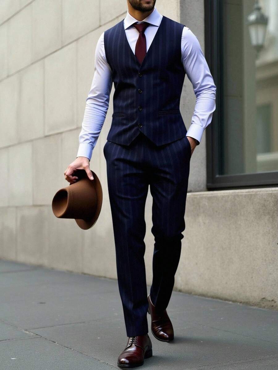 Calvornis Ensemble de gilet et pantalon rayé décontracté pour homme, style "Old Money" - Bleu marine - Voir 1