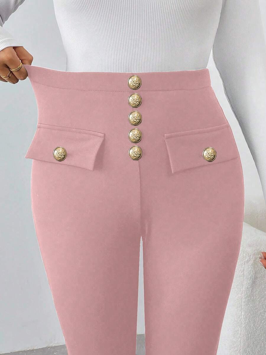 SHEIN Unity Women's Solid Color Metal Button Waist Design Skinny Casual Pants Fall Cloth For Women - Pink - View 1