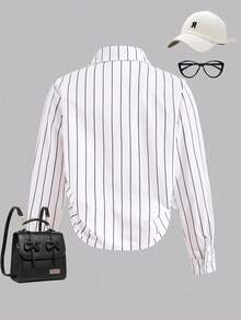 SHEIN Explorewe 1 件女童条纹字母和旗帜印花休闲衬衫，时尚街头服饰 - 白色 - 查看 2