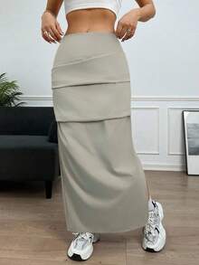 SHEIN EZwear 女款純色百褶開叉下擺半身裙 - 卡其色 - 查看 1