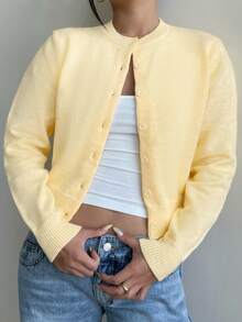 SHEIN Teen Girls Yellow Cardigans Knitwear Casual Solid Color Round Neck Long Sleeve Loose Cropped Girl Cardigan Sweater, Warm Comfort, Cozy Chic, Daily Commute,Halloween,Fall,Winter,Autumn,Christmas,Y2k,Summer