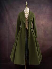 Sweetra 大码优雅外出上衣，秋冬复古百搭休闲修身优雅棕绿色长款喇叭外套，收腰设计，适合女性穿着。 - 軍綠色 - 查看 1