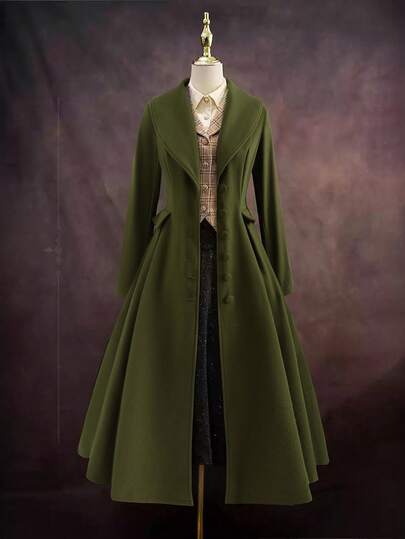 Sweetra Abrigo largo acampanado elegante y versátil de talla grande, de color marrón-verde, con la cintura ceñida, para salir, para otoño/invierno, para mujeres