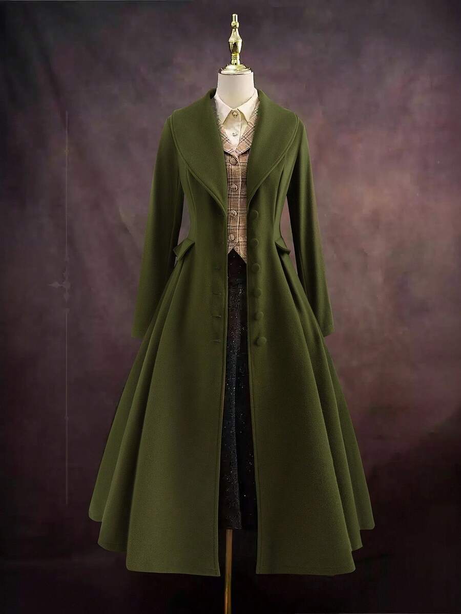 Sweetra 大码优雅外出上衣，秋冬复古百搭休闲修身优雅棕绿色长款喇叭外套，收腰设计，适合女性穿着。 - 軍綠色 - 查看 1