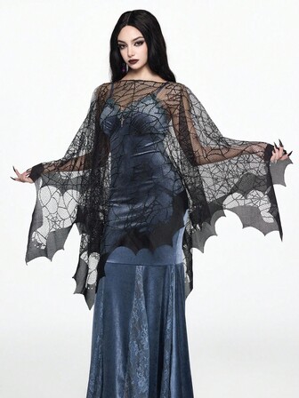 Grunge Punk 1pc Black Mysterious Spider Web Lace Patchwork Vintage Street Style Women Shawl, Halloween Gift