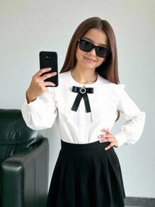 SHEIN Tween Girl Ruffle Collar White Long Sleeve Blouse, Elegant White Long Sleeve Shirt, Preppy White Shirt, Back To School, Autumn - White - View 1