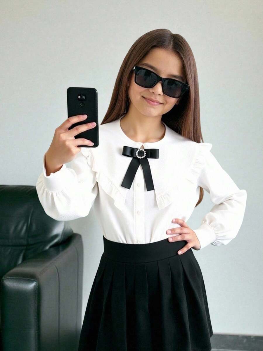 SHEIN Tween Girl Ruffle Collar White Long Sleeve Blouse, Elegant White Long Sleeve Shirt, Preppy White Shirt, Back To School, Autumn - White - View 1