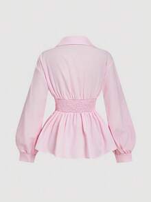 SHEIN MOD 女式翻领长袖褶饰荷叶边下摆浅粉色衬衫、浅粉色女式衬衫、女式纽扣衬衫、女式长袖衬衫、浅粉色纽扣衬衫、节日衬衫、职业装、商务休闲女装 - 淺粉色 - 查看 2