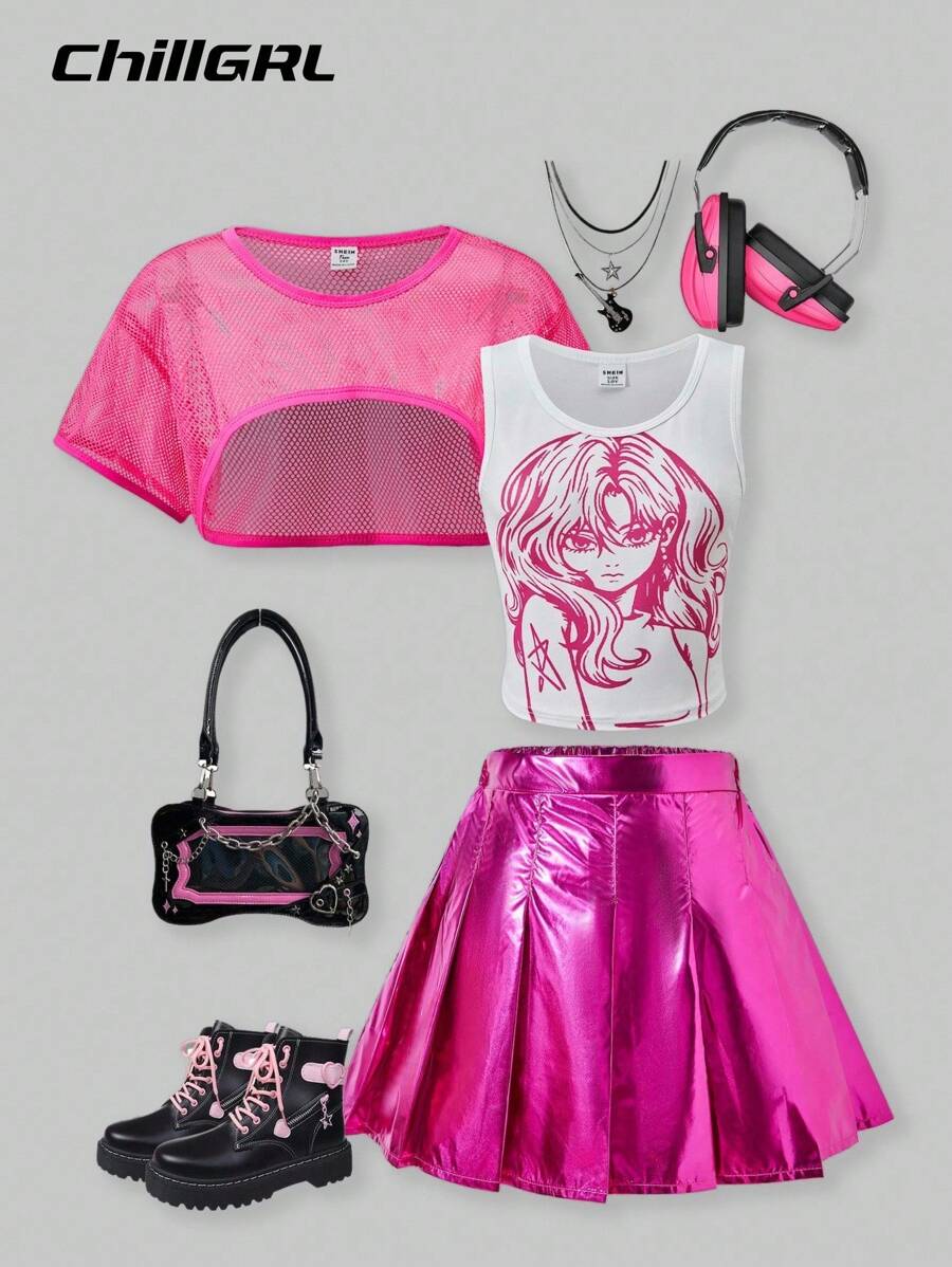 SHEIN Explorewe Set de 3 piezas: Top de tirantes con estampado de personajes de anime, falda mini plisada y top cropped de red para adolescentes - Rosa Fucsia - Ver 1