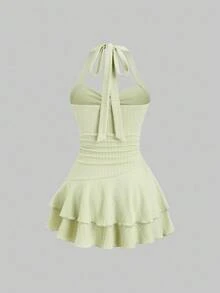 Sweetra 女士新款春夏适合海滩度假优雅纹理面料露背领口系带前褶饰金属装饰分层荷叶边下摆俏皮迷你连衣裙 - 綠色 - 查看 2