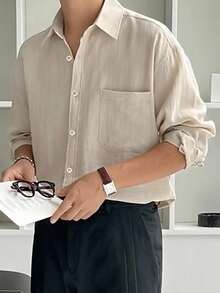 SHEIN X Scheana DAZY Men Solid Pocket Patched Drop Shoulder Shirt Long Sleeve Men Shirt, For Fall