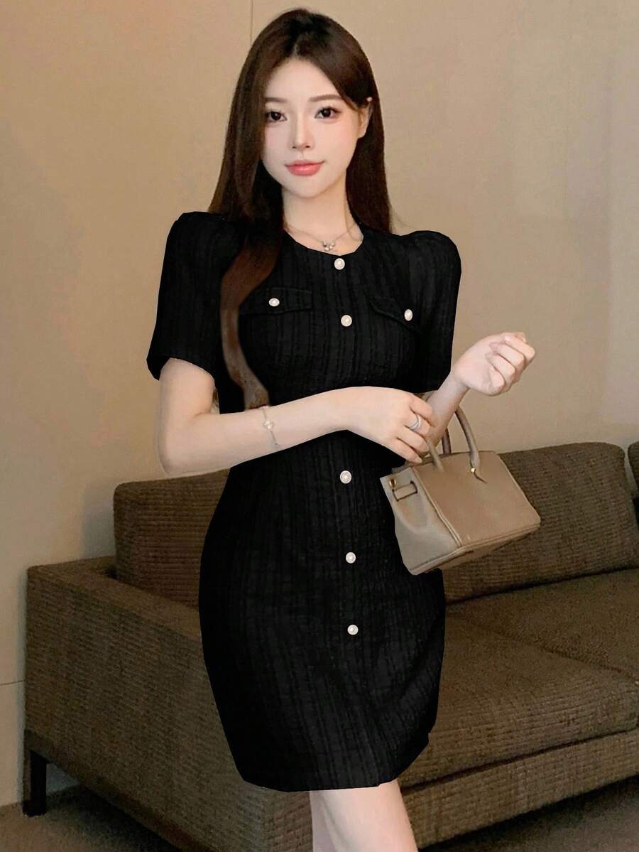 DAZY Women's Elegant Solid Color Front Button Fitted Dress, Summer - Black - View 1