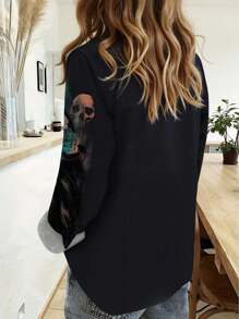 EMERY ROSE Women's Gothic Style Shirt - Dark Witch Floral Pattern Blouse With Black Button Front, Loose Long Sleeve, Casual & Halloween, Machine Washable Top, Leisure Fashion, Textured Patchwork, Unique Design, Bohemian Style, Plus Size Blouse, Ladies Apparel Fall - Multicolor - View 2