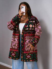 Slaydiva 大码女式豹纹花卉图案落肩长袖休闲针织开衫，秋季 - 彩色 - 查看 6