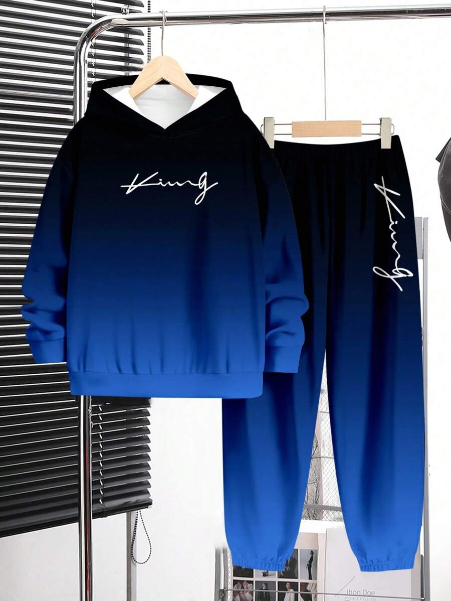 2 件青少年男孩休闲简约长袖连帽衫套装，适合秋冬季 - 彩色 - 查看 1