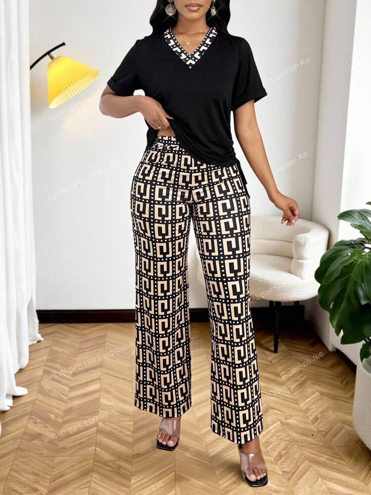 SHEIN Lady Conjunto informal de 2 piezas con cuello en V, manga corta, cómodo y transpirable con cordón para mujer - Multicolor - Añade 4