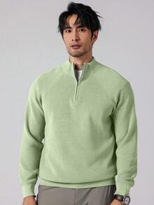 Manfinity Homme Men's Solid Color Raglan Sleeve Zip-Up Half Placket Casual Sweater, Autumn