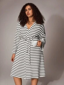 SHEIN Randig stickad morgonrock i plusstorlek Våffelmorgonrock Randig morgonrock Varma, höst- och mysiga outfits