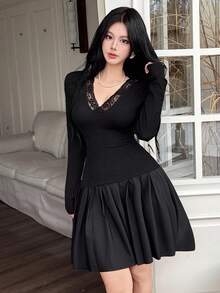 Feyla Casual Solid Pleated Lace Collar Women's Dress,Back To School,Back To School Outfit ,Fall Clothes For Women