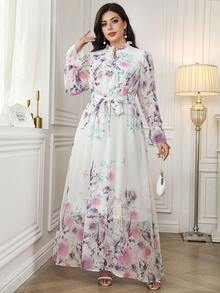 Ellevyn Plus Size Women's Elegant Floral Print Long Maxi Dress, Lightweight & Romantic, Suitable For Summer & Autumn
