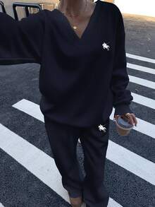 Muchica Bộ 2 áo nỉ và quần nỉ cổ chữ V in hình ngựa con cỡ lớn dành cho nữ, màu xanh navy, thường ngày cho mùa thu/đông - Màu xanh hải quân - Xem 5