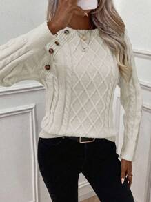 EMERY ROSE Suéter de punto de cable con detalle de botones y mangas raglán de unicolor simple para uso diario casual de mujer, otoño/invierno - Albaricoque - Ver 7