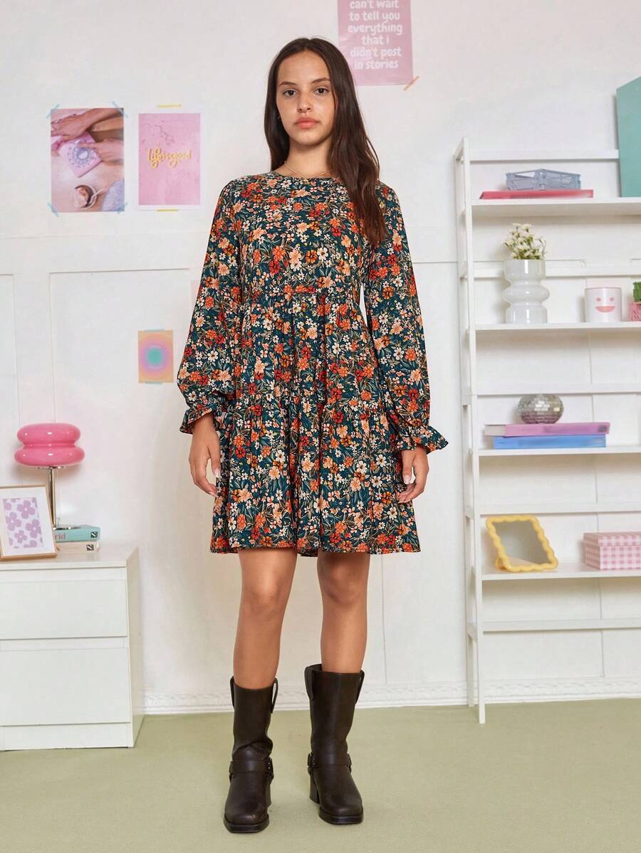 SHEIN Teen Girls Olive Green & Black Ground Red & Yellow Ditsy Floral Ruffled Hem Long Sleeve Peplum Dress, Elegant Retro Casual Versatile - Multicolor - View 1
