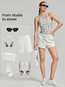 GLOWMODE FeatherFit™ Powerhouse Round Neck Racerback Halter Thong Bodysuit Low Impact Yoga Daily Summer - Multicolor - View 8