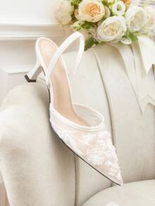 CUCCOO HITCHD 女士刺绣蕾丝串珠花卉尖头细高跟鞋中跟优雅迷人甜美浪漫白色网眼高跟鞋，新娘鞋，正式礼服鞋，时尚派对穿着，适合婚礼、圣诞节、感恩节、生日、情人节 - 白色 - 查看 12
