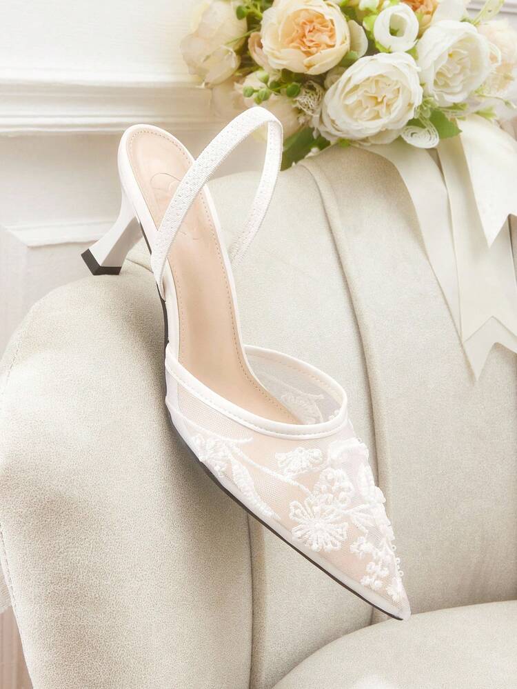 CUCCOO HITCHD Women's Embroidered Lace Beaded Floral Pointed Toe Stiletto Heel Mid-Heel Elegant Glamorous Sweet Romantic White Mesh High Heel Pumps, Bridal Shoes, Formal Dress Shoes, Fashion Party Wear, Suitable For Wedding, Christmas, Thanksgiving, Birthday, Valentine's Day Elegant Shoes Wedding Shoes Summer Shoes Bride Shoes