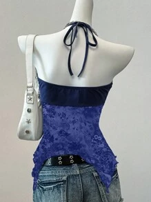 SHEIN EZwear 蓝色复古花卉图案女式吊带背心，适合夏季 - 藍色 - 查看 2