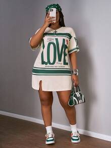 Slaydiva Plus Size Early Spring Vacation Casual Pink Side Slit Drop Shoulder Short Sleeve Dress