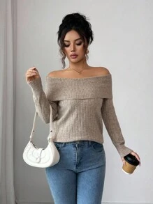 Elenzga Sexy American Style Collared One-Shoulder Fitted Knit Long Sleeve Top, High-End Niche Design For Autumn/Winter - Camel - View 4