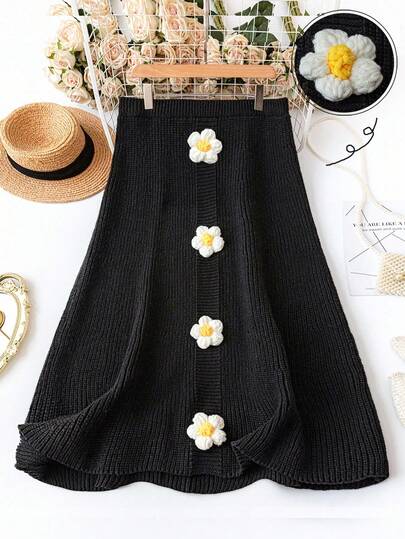 DreamSkyne Halloween Plus Size Women's Knitted A-Line Skirt, Solid Color, Hand Crochet Flower Decor, Winter Fall