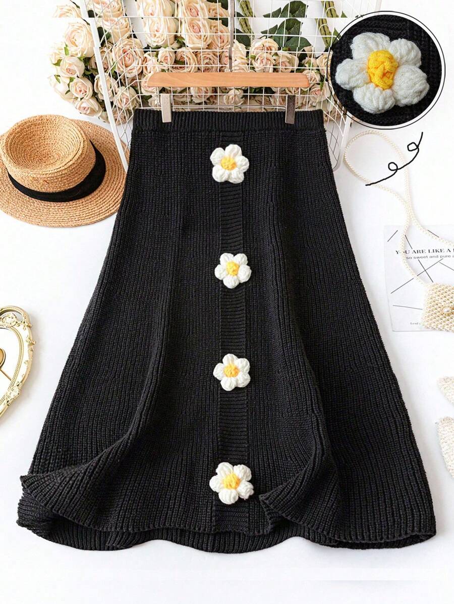 DreamSkyne Halloween Plus Size Women's Knitted A-Line Skirt, Solid Color, Hand Crochet Flower Decor, Winter Fall - Black - View 1