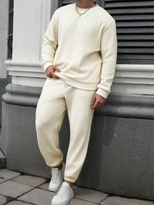 Manfinity Homme Bộ quần áo chui đầu và quần nỉ thường ngày cỡ lớn cho nam, trang phục mùa thu - Màu be - Xem 4